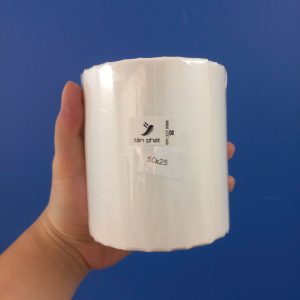 Giấy in mã vạch 2 tem 50x25x50M,vuông góc