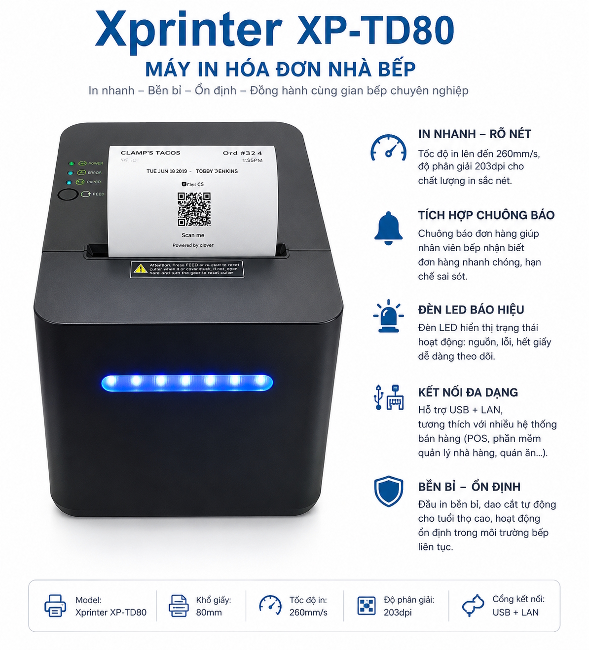 Máy in nhà bếp Xprinter XP-TD80 ( USB+LAN) có chuông, và đèn báo, chuyên cho F&B