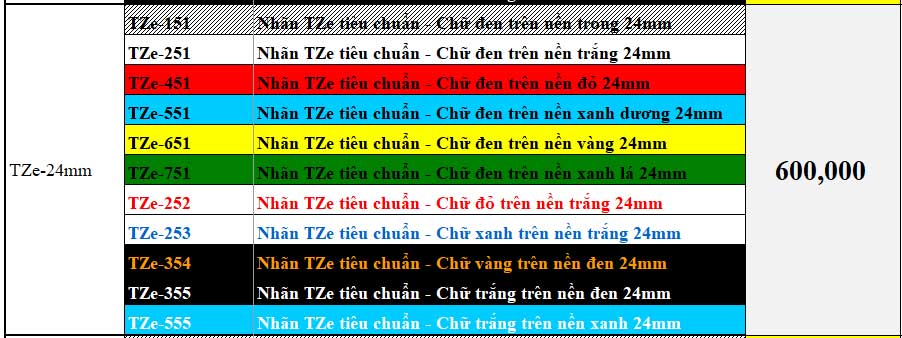 Nhãn In Brother TZE Tiêu Chuẩn Các Màu